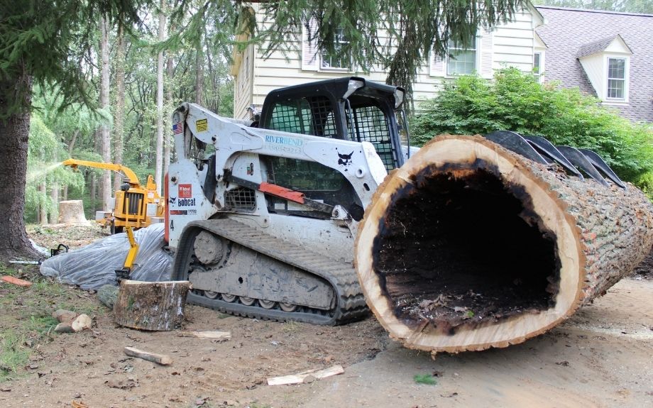 Riverbend Landscapes & Tree Service bobcat moving a large, hollow log from a dangerous tree