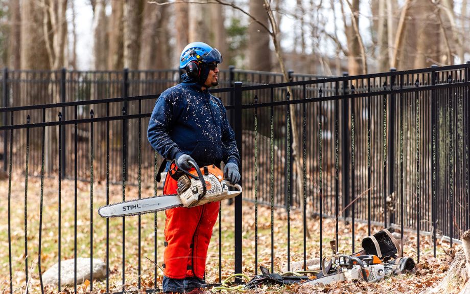 A Riverbend Tree employee holds a chainsaw during winter tree work in Northern Virginia.