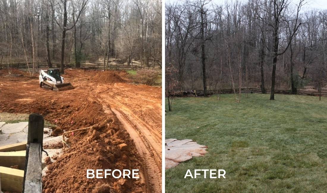 Before & after landscape grading and drainage installation in northern Virginia.
